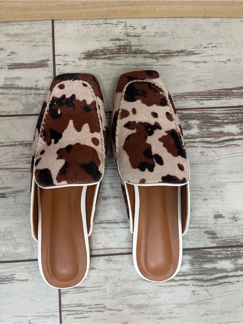 Cow Print Hair Calf Leather Square Toe Mules Womens 8 Low Heel Slip On Slides - Picture 7 of 16